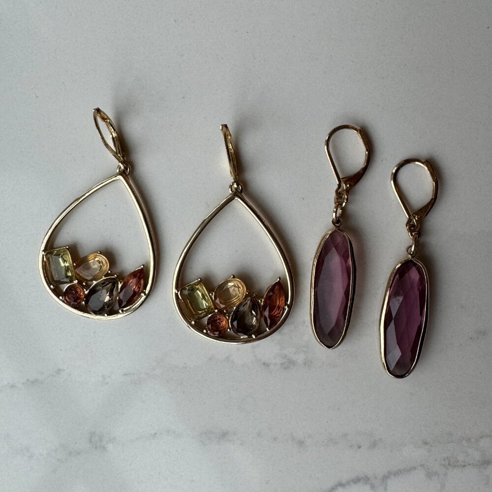 2 Anne Klein Gold-Tone Dangle Earrings – Teardrop Gem Cluster & Lavender Glass - Picture 13 of 14